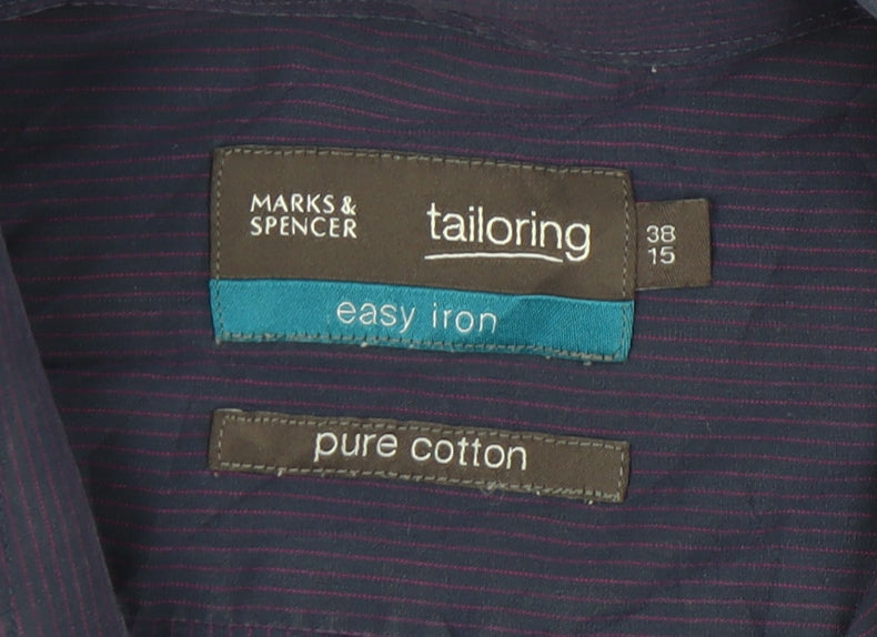 Marks and Spencer Men's Blue Striped Cotton Dress Shirt 38 Long Sleeve