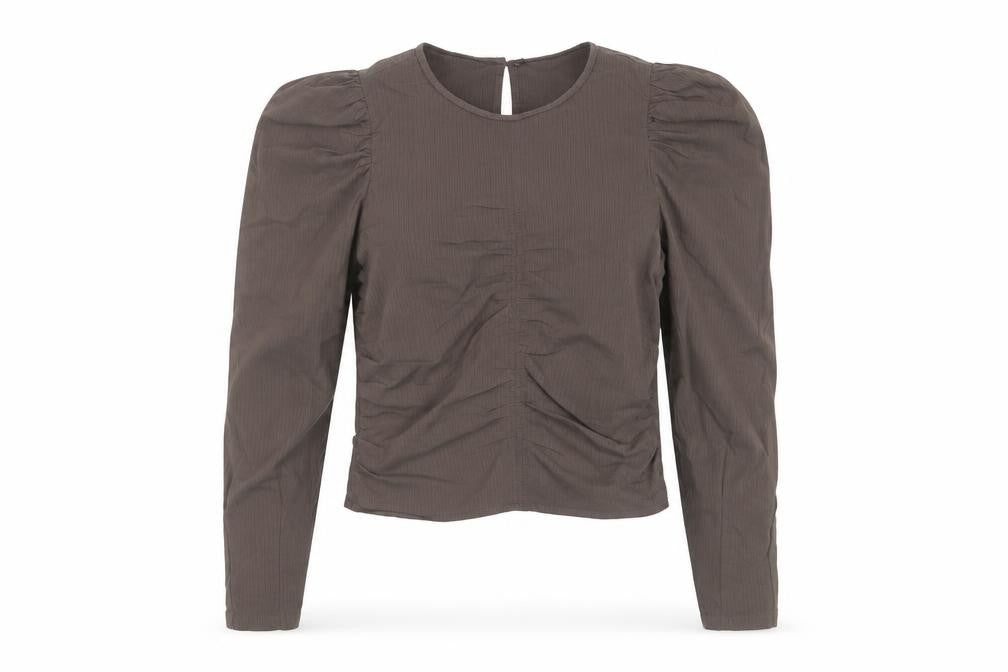 Front view of Pieces Women’s Brown Puff Sleeve Ruched Blouse XS