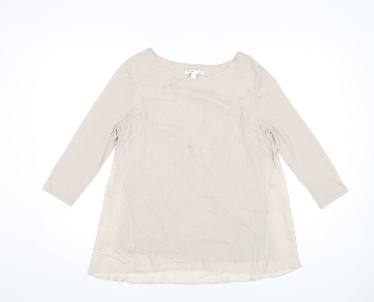 Fenn Wright Manson Women Beige Silk Chiffon Blouse S Boat Neck 3/4 Sleeve