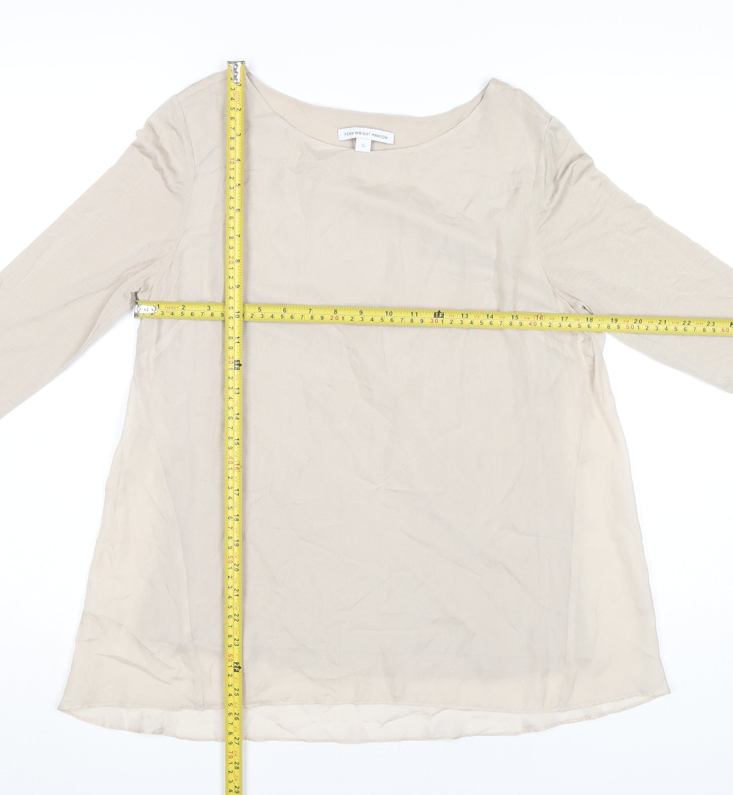 Fenn Wright Manson Women Beige Silk Chiffon Blouse S Boat Neck 3/4 Sleeve