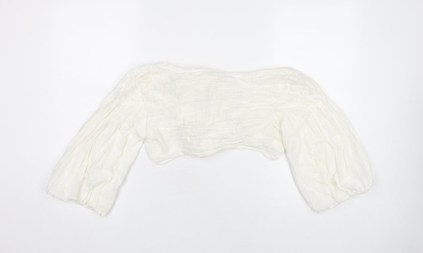 Free People Women’s White Cotton Wrap Blouse M Puff Sleeve Summer