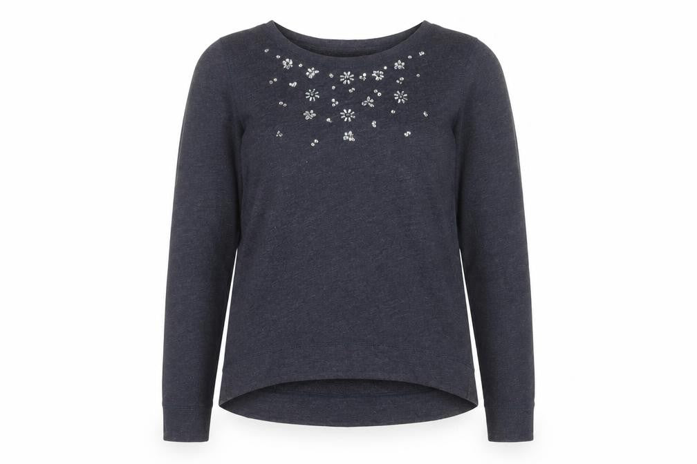 Front view of Hollister Women Blue L Pullover Sweatshirt Beaded Crew Neck Long Sleeve