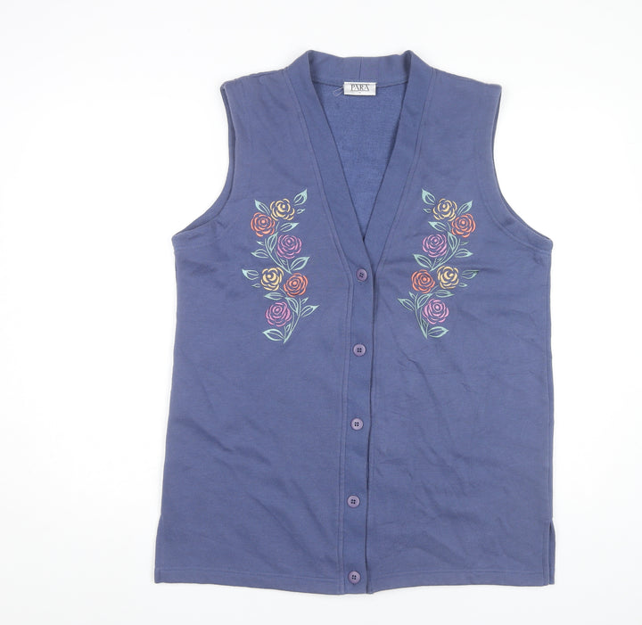 PARA Women's Blue Floral Embroidered Vest M Sleeveless V-Neck