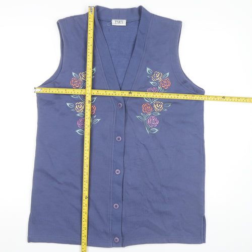 PARA Women's Blue Floral Embroidered Vest M Sleeveless V-Neck
