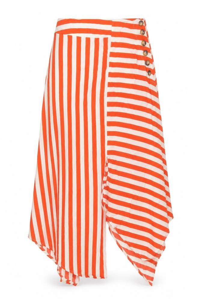 Topshop Women’s Orange Striped Asymmetric Midi Skirt UK 6 Petite Viscose