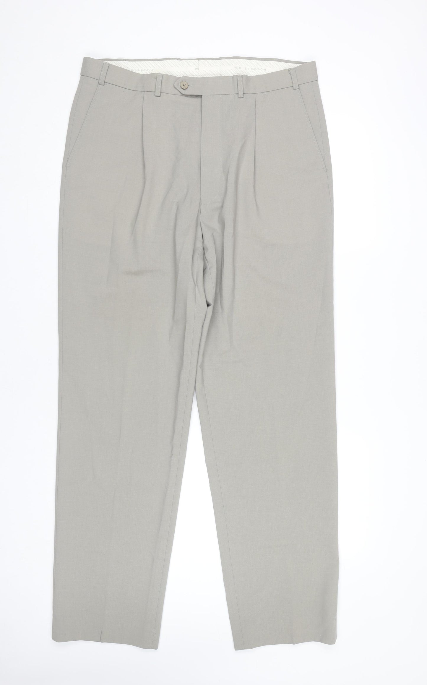 Marks and Spencer Men’s Grey 36x33 Pleated Wool Blend Dress Trousers