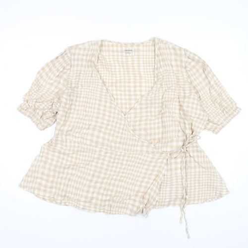 Marks and Spencer Women’s Beige Check Wrap Blouse Size 18 Linen Blend