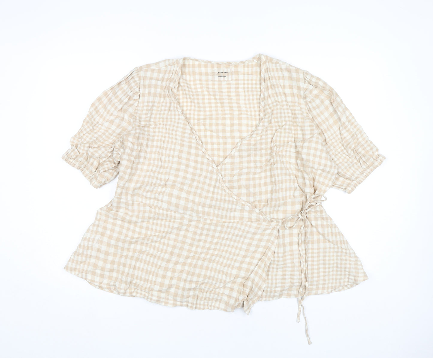 Marks and Spencer Women’s Beige Check Wrap Blouse Size 18 Linen Blend