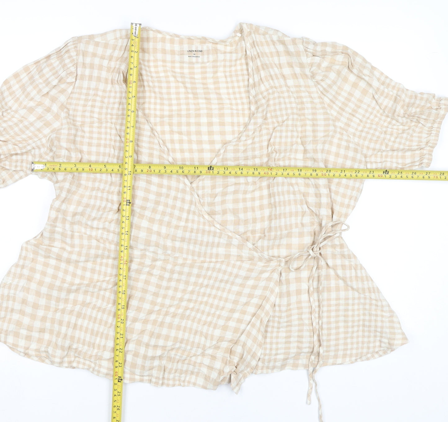 Marks and Spencer Women’s Beige Check Wrap Blouse Size 18 Linen Blend
