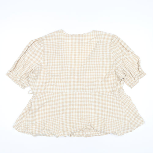 Marks and Spencer Women’s Beige Check Wrap Blouse Size 18 Linen Blend