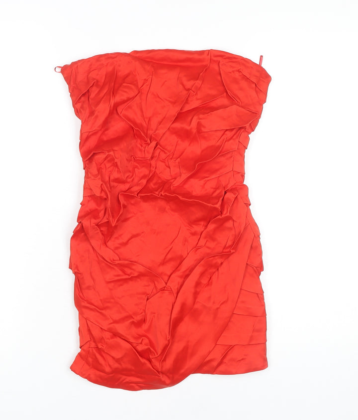 Zara Women’s Red Strapless Bodycon Satin Dress Size 12 Party Ruched