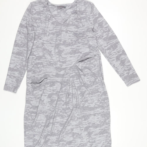 Sahara Women’s Grey Knit Knee Length Shift Dress Size S V-Neck Pockets