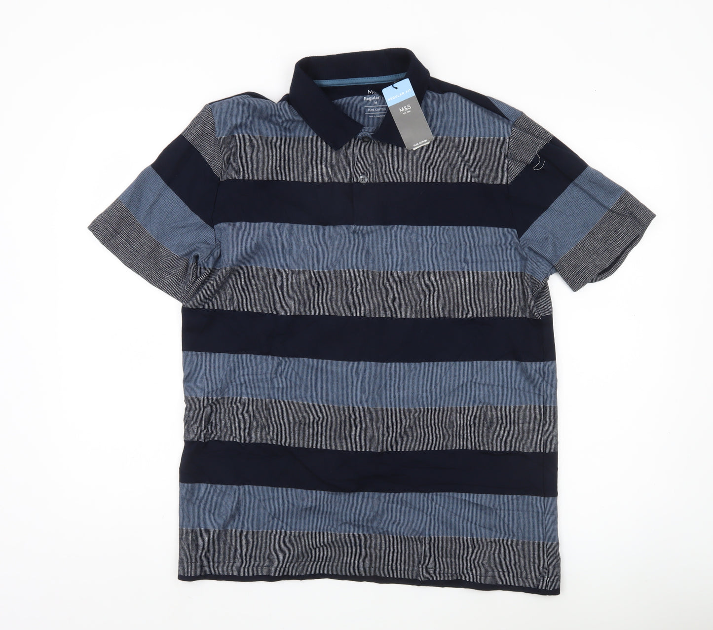Marks and Spencer Men’s Blue Striped Polo Shirt M Regular Fit Cotton