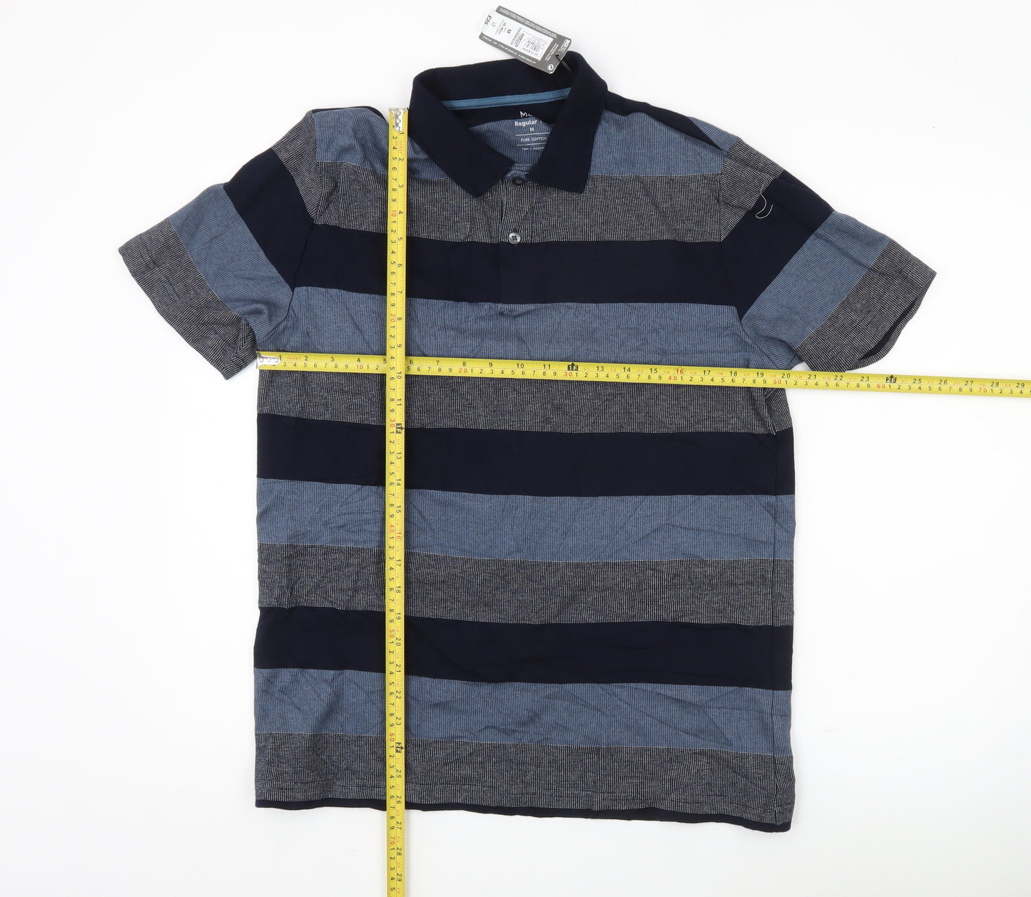Marks and Spencer Men’s Blue Striped Polo Shirt M Regular Fit Cotton