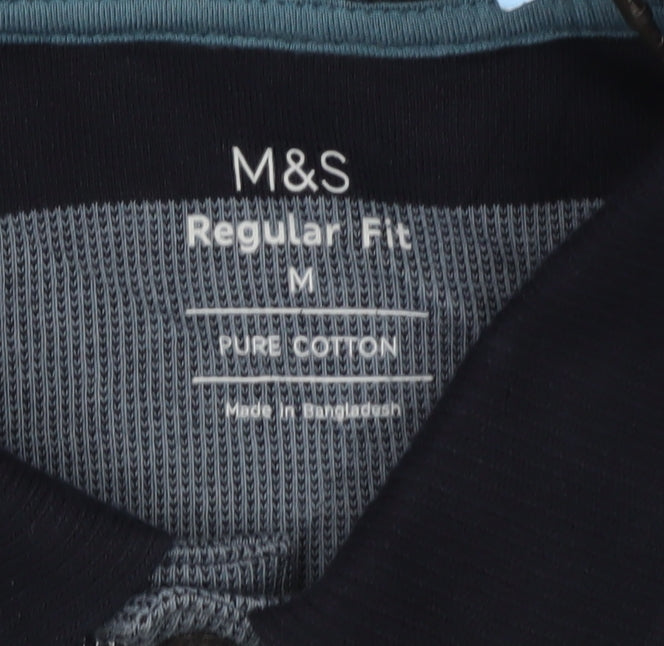 Marks and Spencer Men’s Blue Striped Polo Shirt M Regular Fit Cotton
