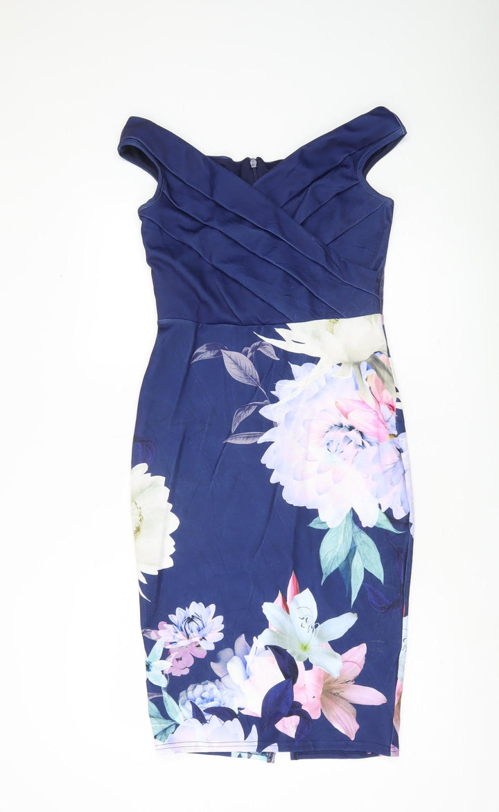Sistaglam Women’s Blue Floral Off Shoulder Bodycon Dress UK 10