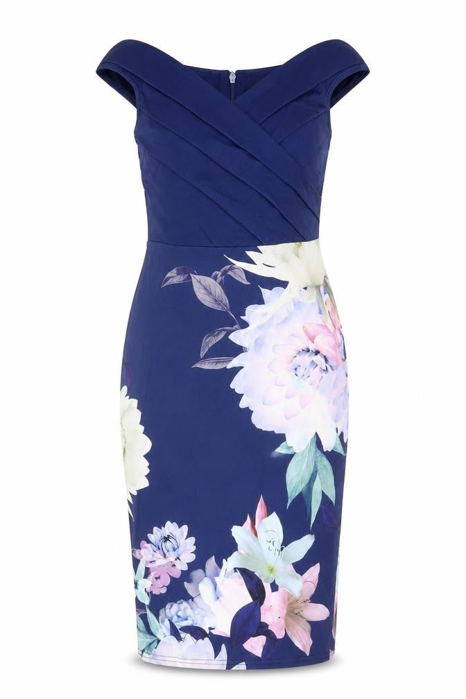 Sistaglam Women’s Blue Floral Off Shoulder Bodycon Dress UK 10