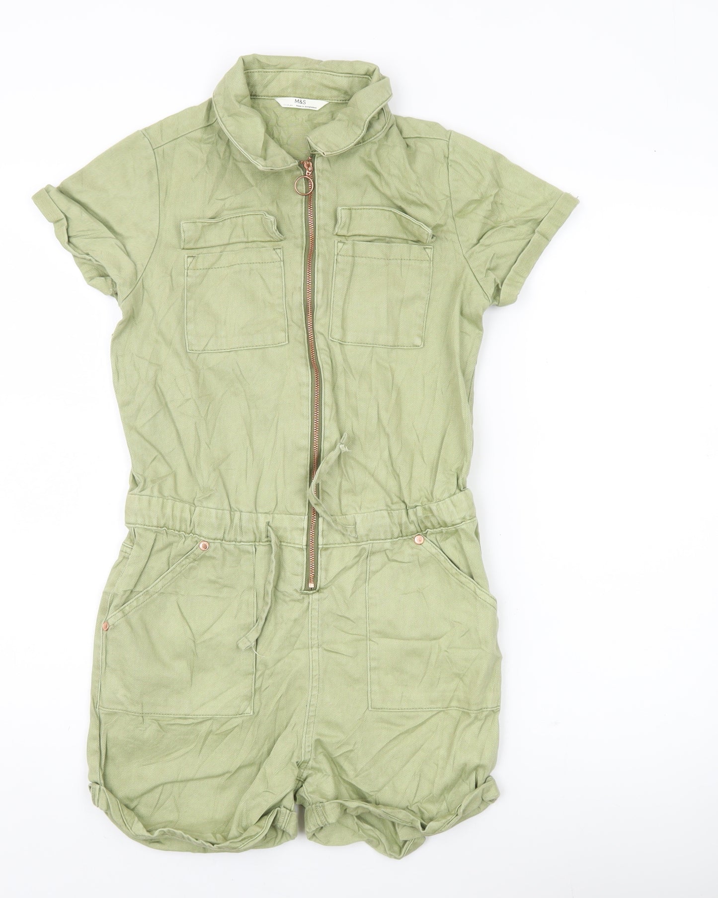 Marks and Spencer Girls Green Playsuit 11-12 Years Cotton Lyocell