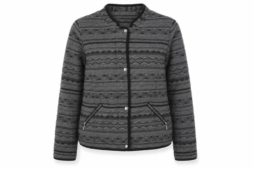 Front view of Klass women’s grey black quilted geometric jacket, size UK 12