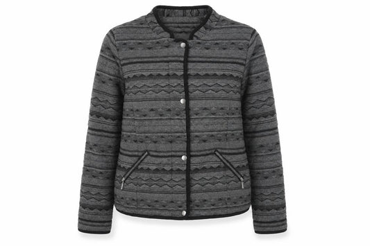 Front view of Klass women’s grey black quilted geometric jacket, size UK 12
