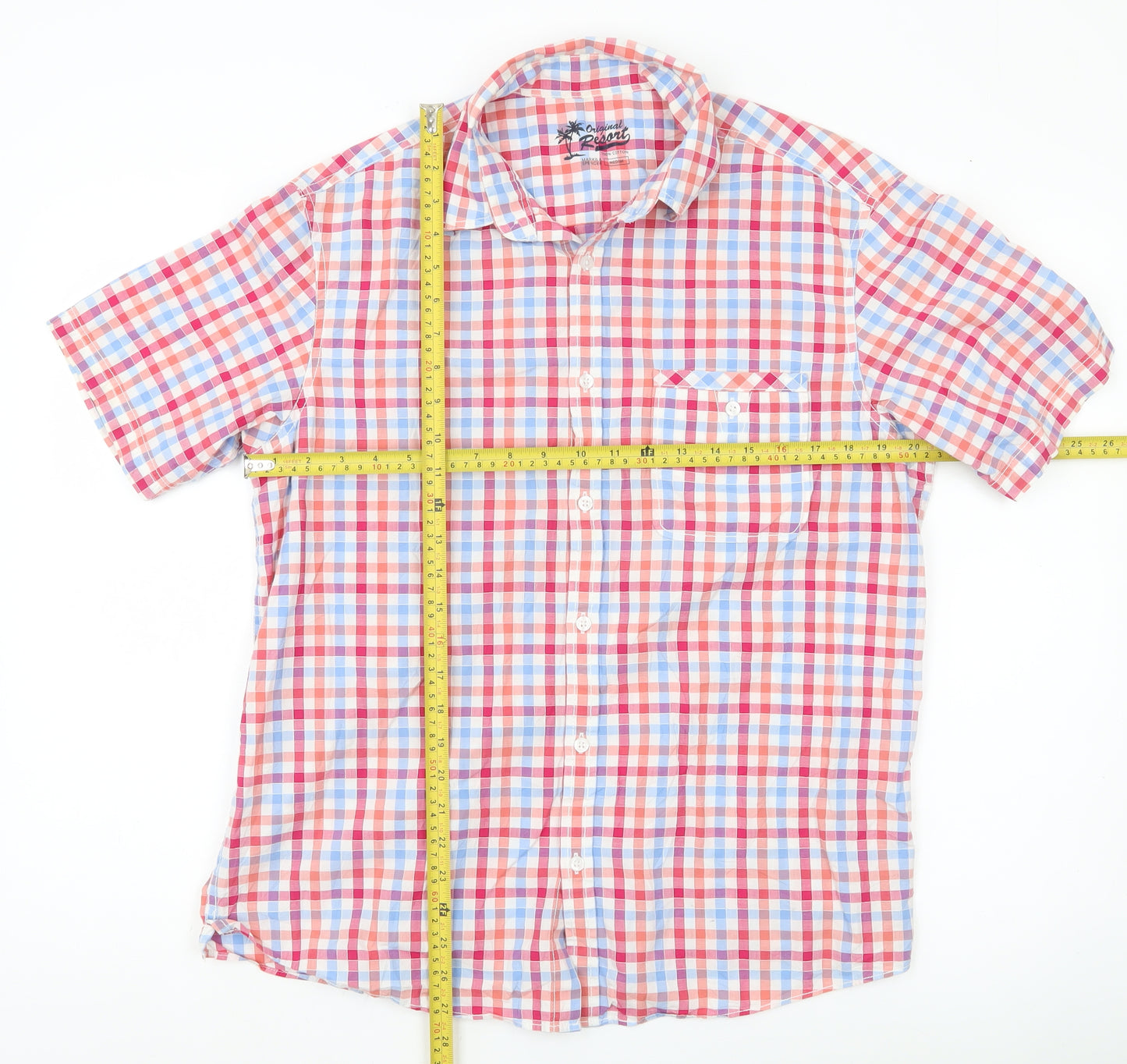 Marks and Spencer Men's Multicoloured Check Cotton Short Sleeve Shirt M
