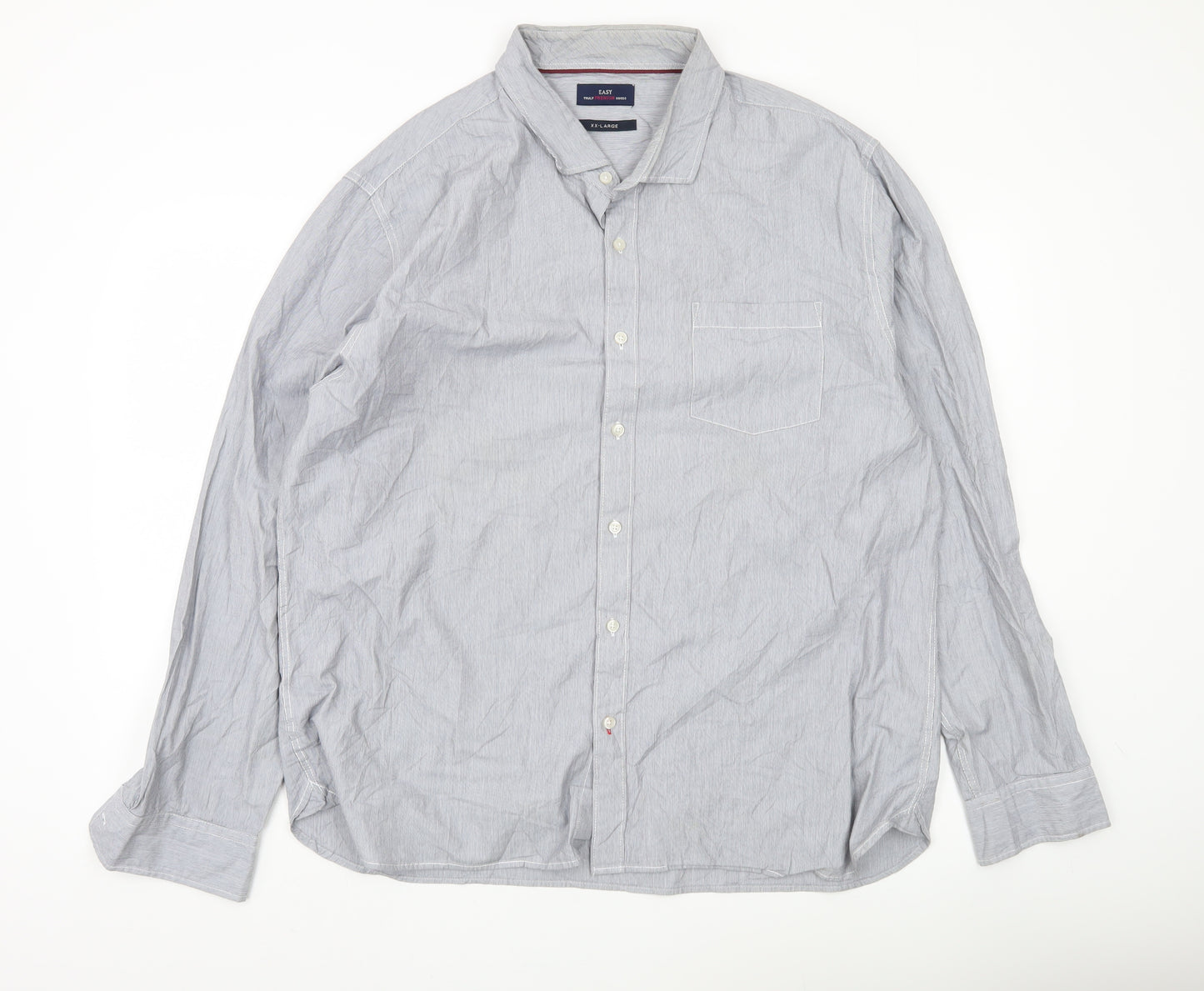 Easy Men’s Grey Striped Cotton Button-Up Shirt 2XL Long Sleeve
