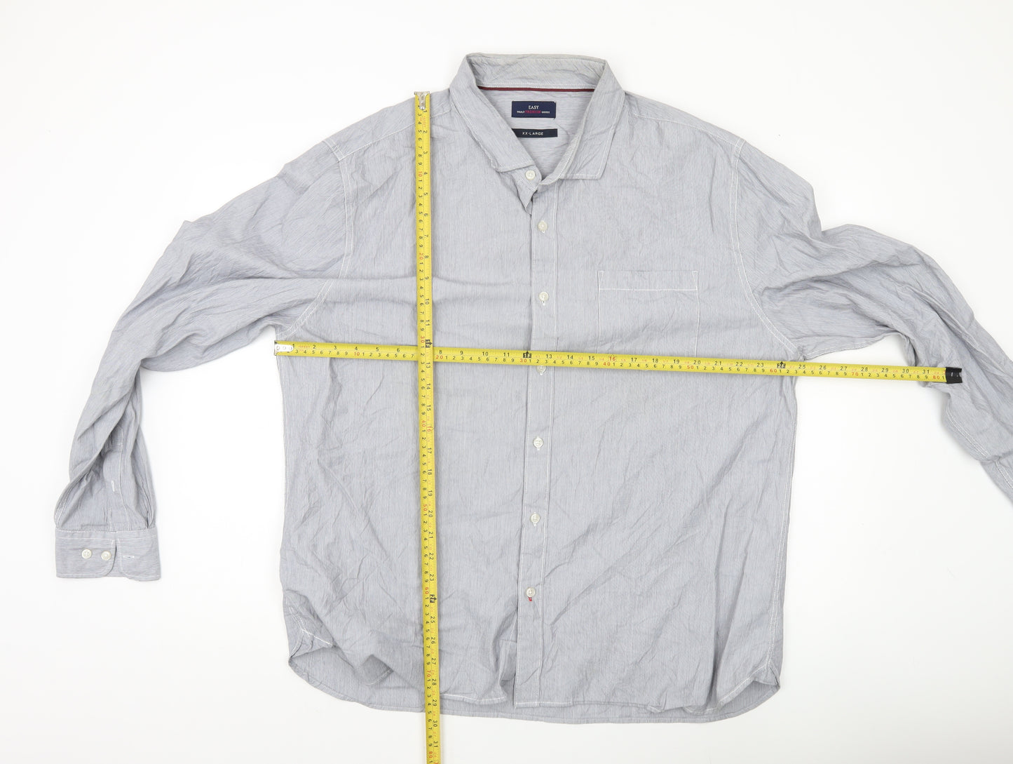 Easy Men’s Grey Striped Cotton Button-Up Shirt 2XL Long Sleeve
