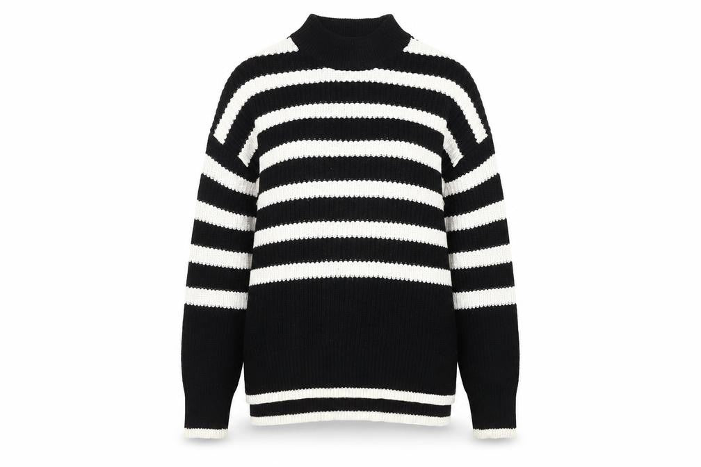 Front view of New Look women’s black white striped mock neck jumper, size S