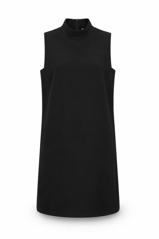 Front view of JOY Women Black L Shift Dress High Neck Sleeveless Knee Length
