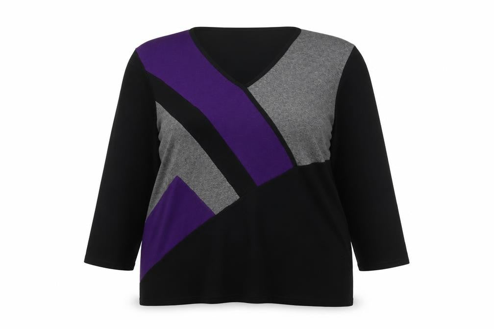 Front view of Just Elegance women’s black grey purple jumper, size UK 18, v-neck pullover