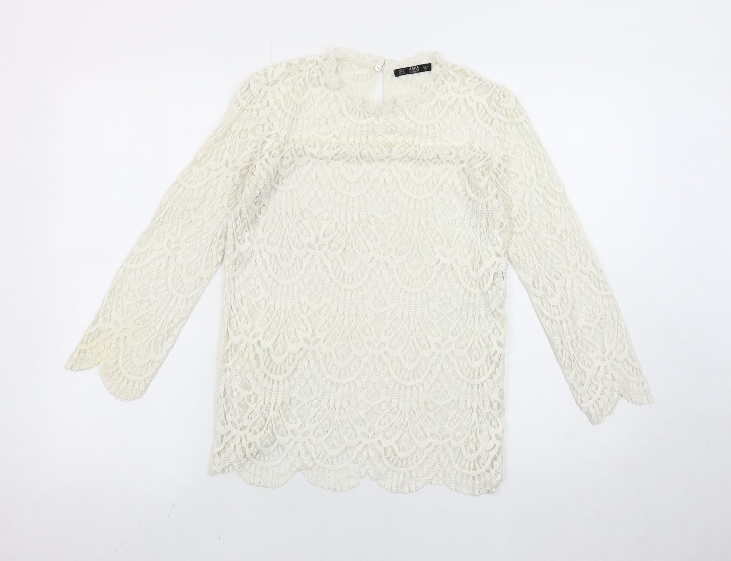 Zara Women Ivory Lace Blouse Medium Long Sleeve Crew Neck