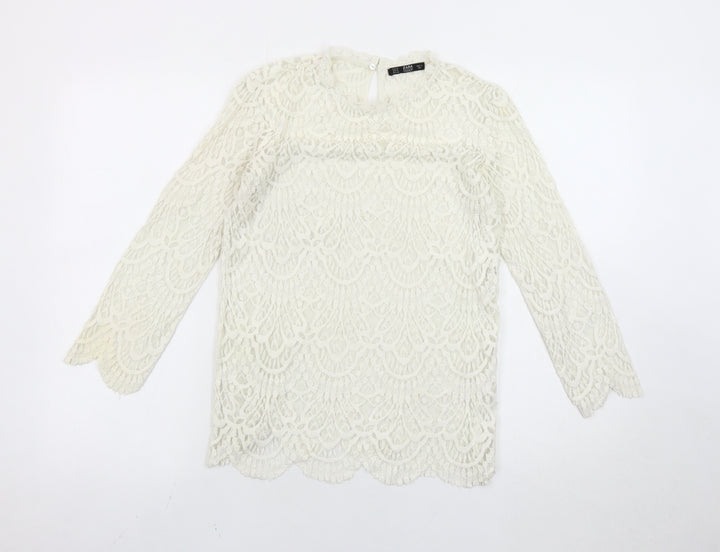 Zara Women Ivory Lace Blouse Medium Long Sleeve Crew Neck