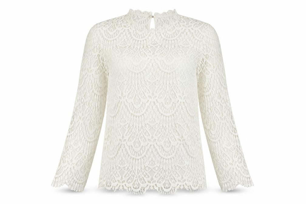 Front view of Zara Women Ivory Lace Blouse Medium Long Sleeve Crew Neck