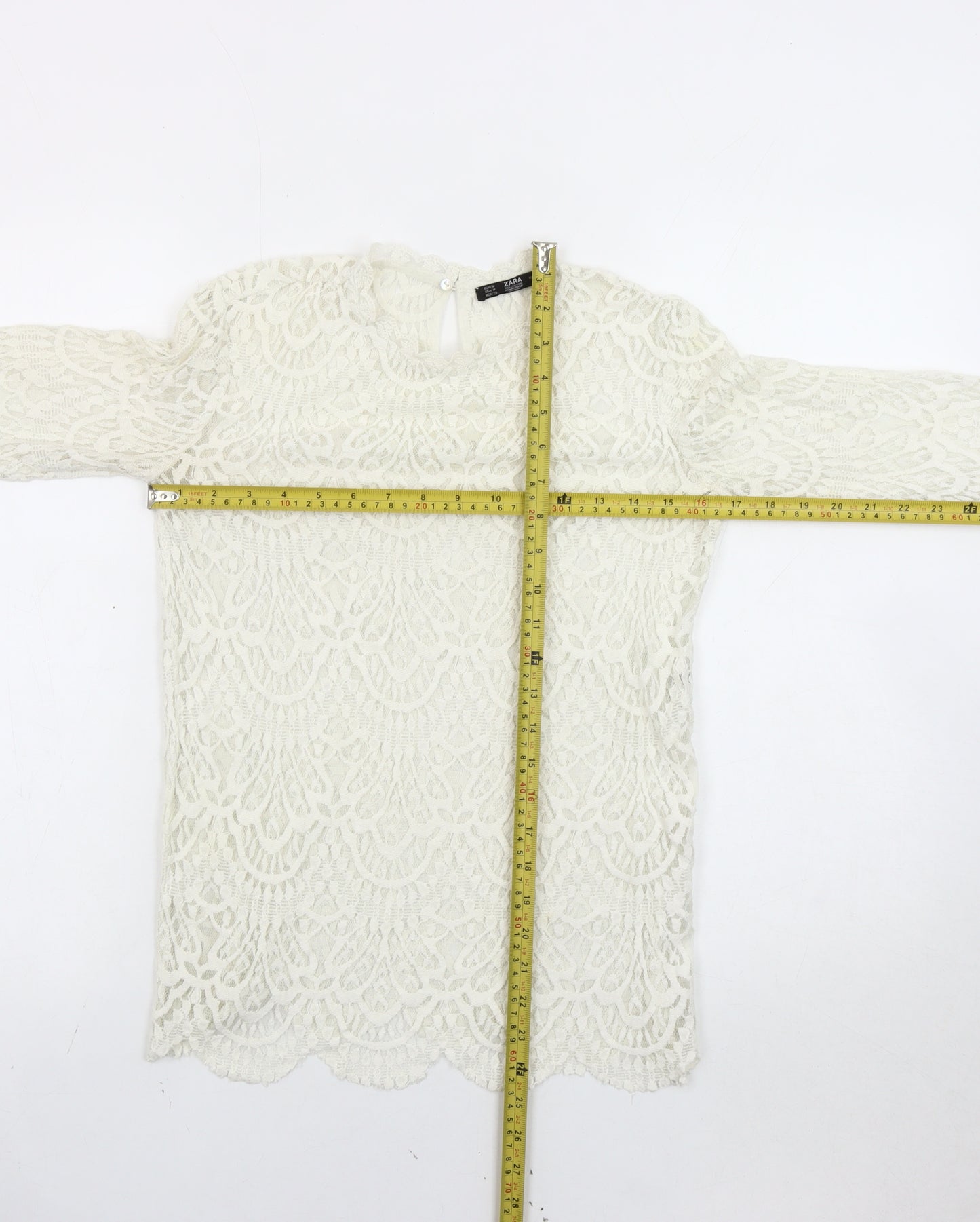 Zara Women Ivory Lace Blouse Medium Long Sleeve Crew Neck