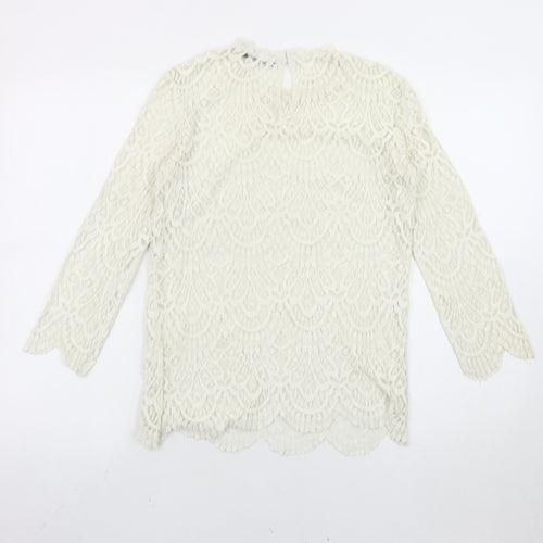 Zara Women Ivory Lace Blouse Medium Long Sleeve Crew Neck