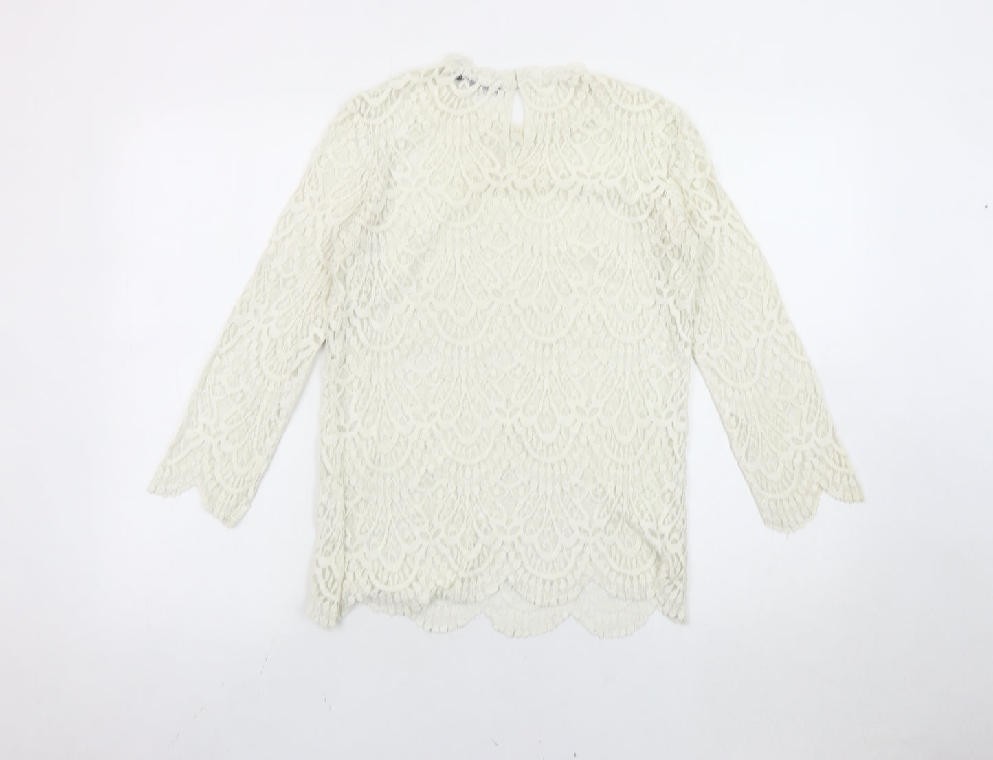 Zara Women Ivory Lace Blouse Medium Long Sleeve Crew Neck