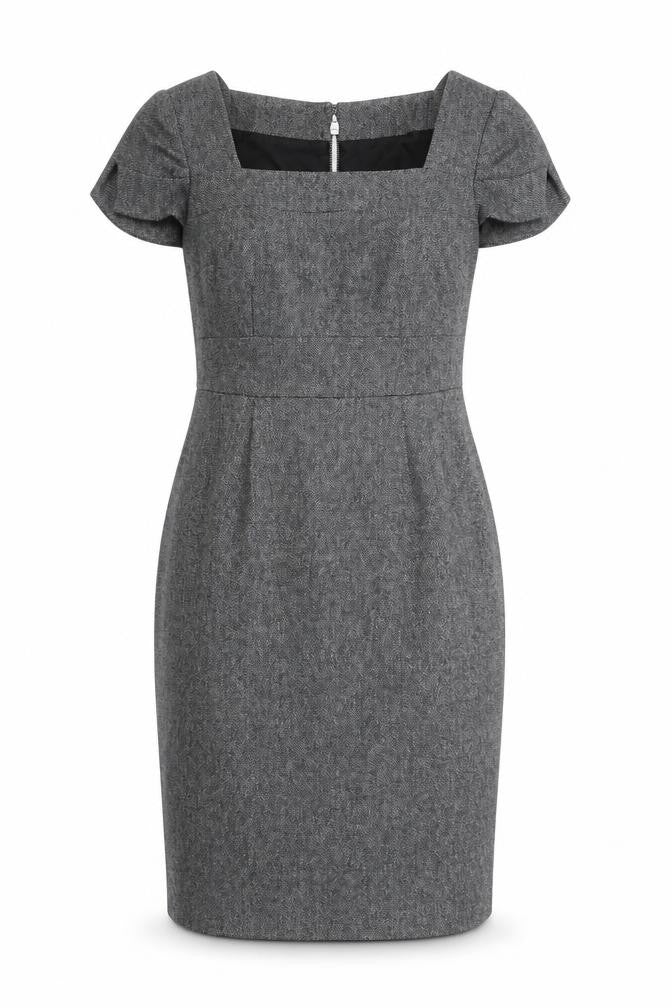 Front view of Linea Women’s Grey Herringbone Sheath Dress, size UK 8, Workwear
