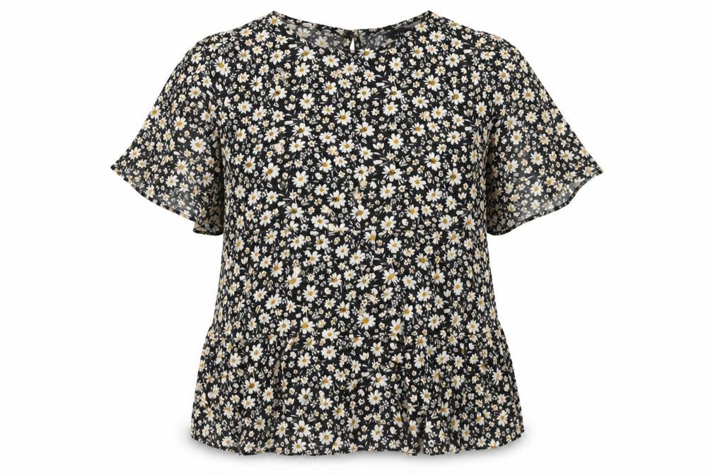 Front view of New Look women’s black floral blouse, size UK 14, tunic style