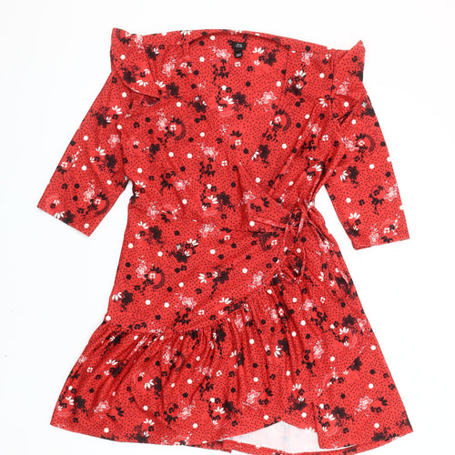 River Island Women’s Red Floral Polka Dot Wrap Dress Size 10