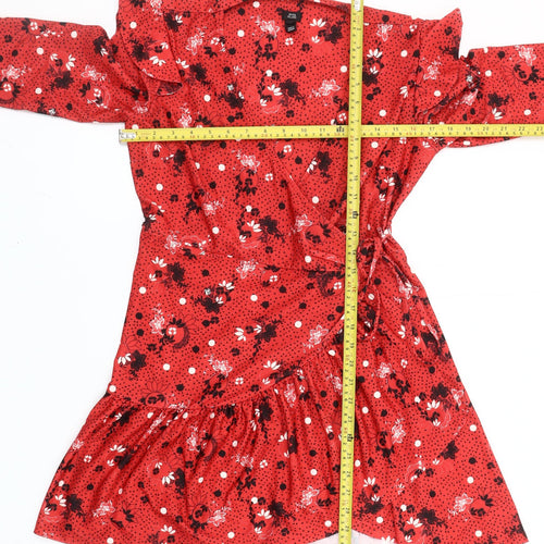 River Island Women’s Red Floral Polka Dot Wrap Dress Size 10