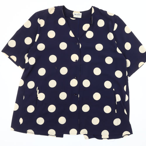Wallis Women Blue Polka Dot Blouse Size 12 Short Sleeve V-Neck