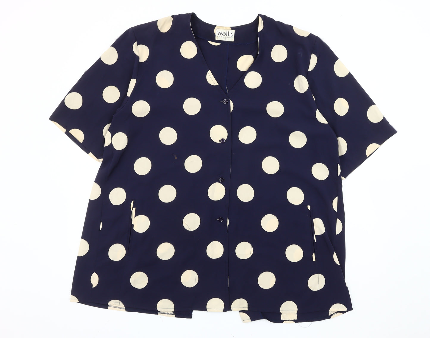 Wallis Women Blue Polka Dot Blouse Size 12 Short Sleeve V-Neck