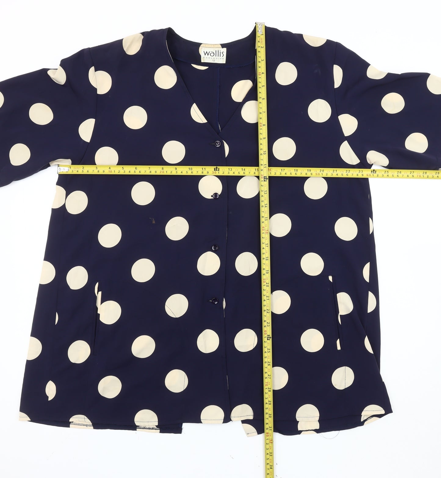 Wallis Women Blue Polka Dot Blouse Size 12 Short Sleeve V-Neck