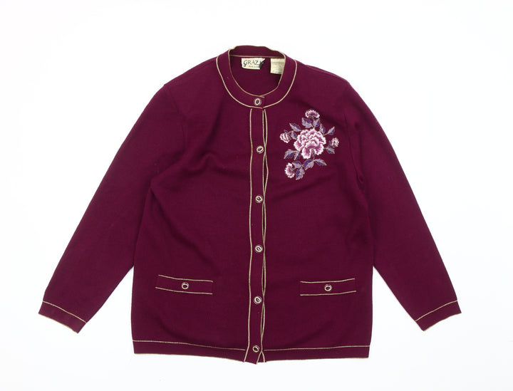 Grazia Women’s Purple Floral Embroidered Wool Blend Cardigan M