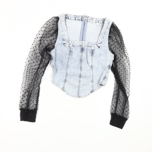 River Island Women’s Blue Denim Mesh Sleeve Cropped Blouse Top Size 10