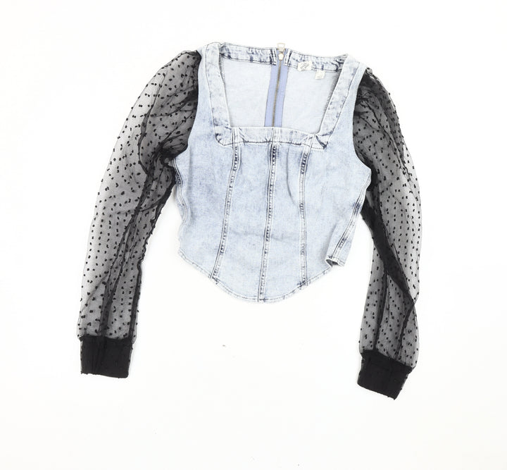 River Island Women’s Blue Denim Mesh Sleeve Cropped Blouse Top Size 10