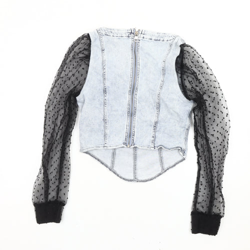 River Island Women’s Blue Denim Mesh Sleeve Cropped Blouse Top Size 10