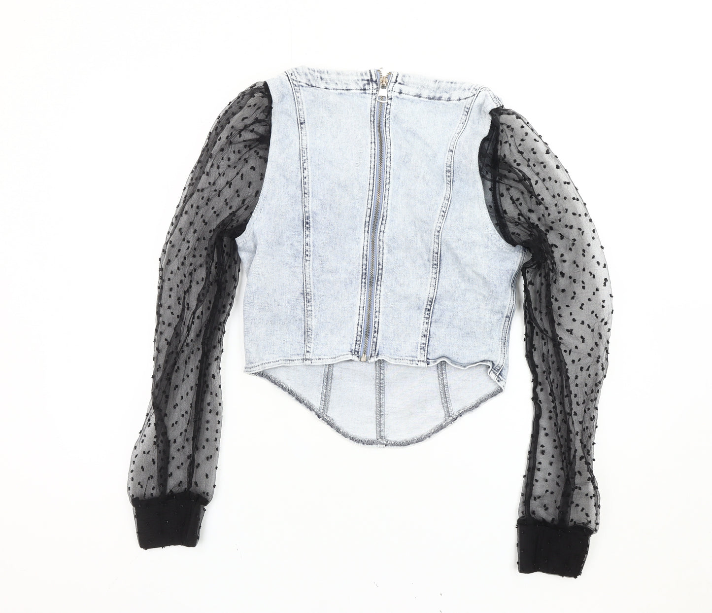 River Island Women’s Blue Denim Mesh Sleeve Cropped Blouse Top Size 10