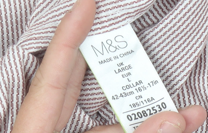 Marks and Spencer Mens Red Striped Long Sleeve Cotton Shirt L