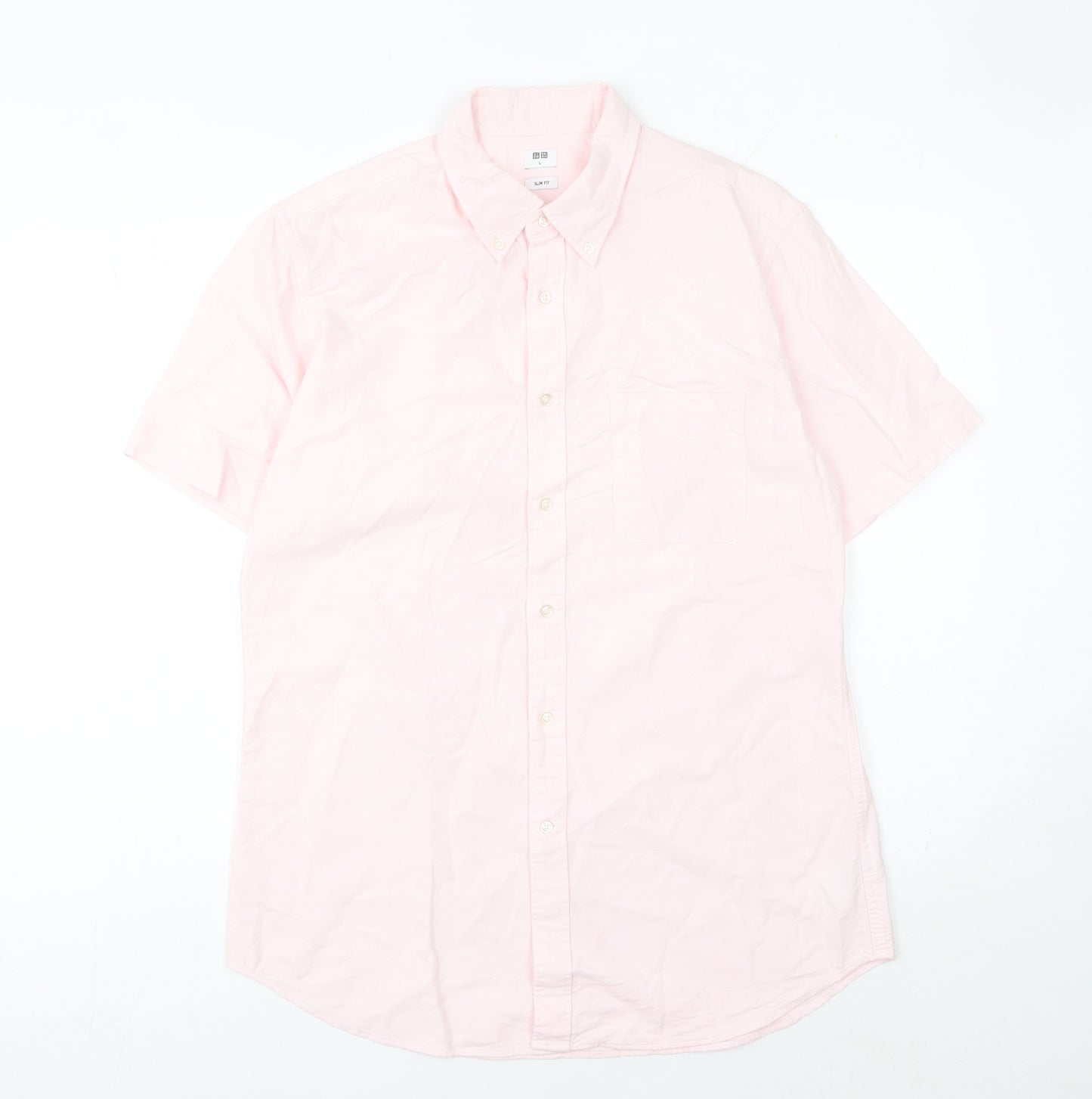 Uniqlo Men’s Pink Short Sleeve Button Down Shirt Size L Cotton